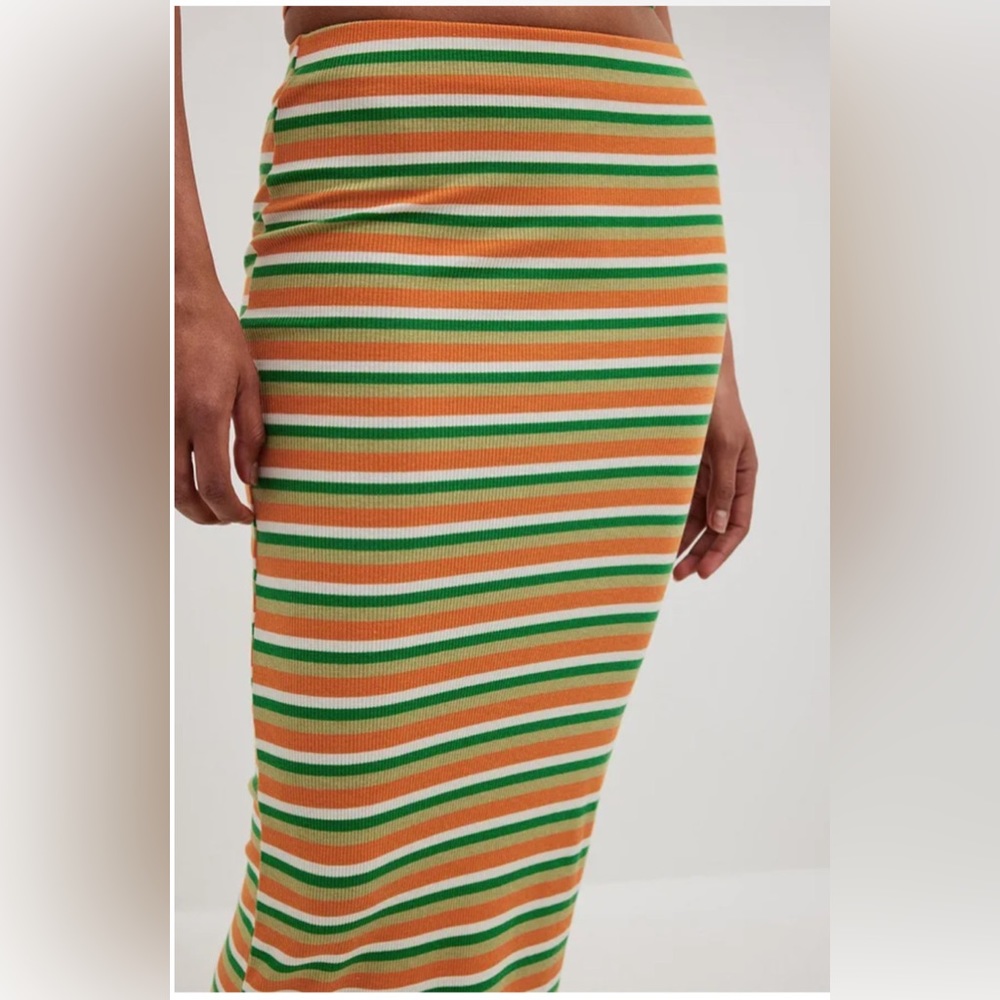 NA-KD Orange & Green Striped Pattern Maxi Pencil Bodycon Modest Stretch Skirt XL - Picture 5 of 15
